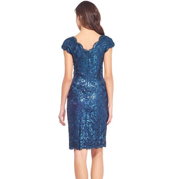 Tadashi Shoji Blue Paillette Embroidered Lace V-Neck Cap Sleeve Dress Size 6 - Picture 2 of 8
